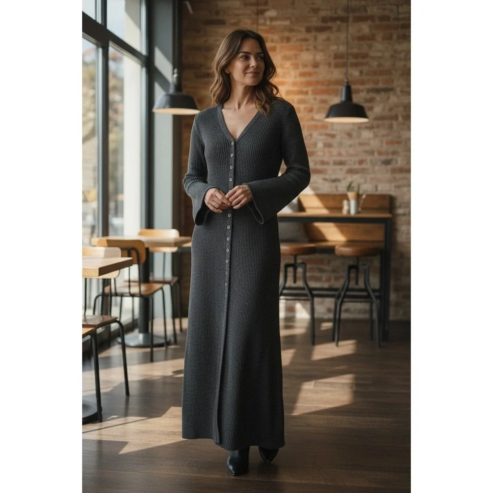 Commense Long Sleeve Knit Dress Boho Flare Sleeve Ribbed M Career Whimsigoth - Picture 1 of 5